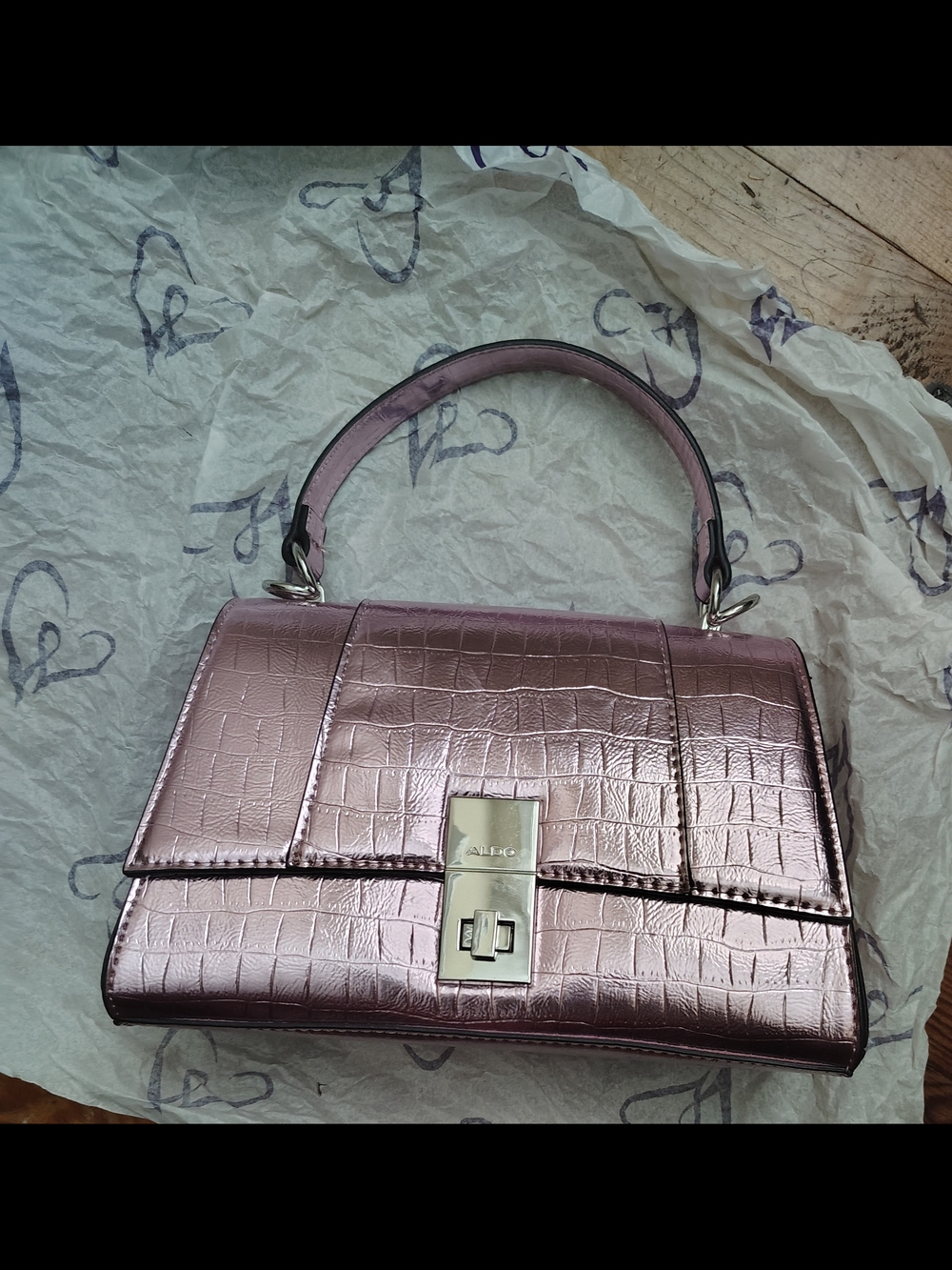 Aldo Metallic Pink Croc-Embossed Top Handle Bag